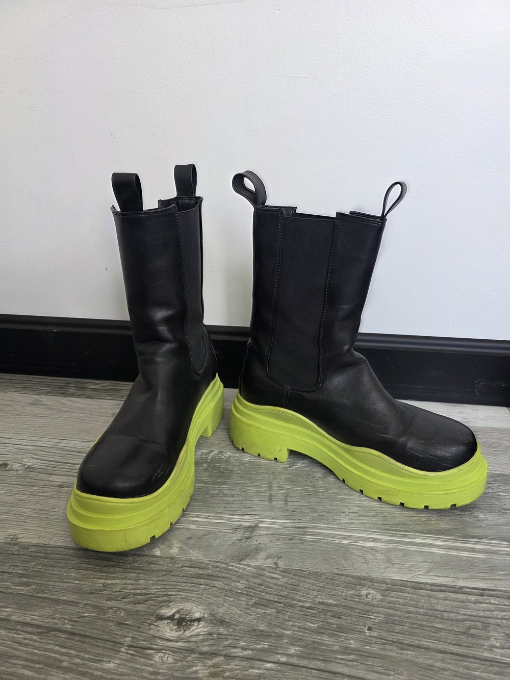 Women's Black Leather Combat Boots with Neon Green Platform Sole